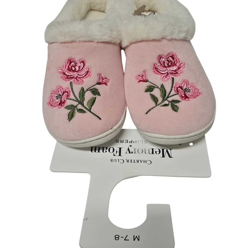 Charter Club Womens Pink Floral Embroidered Memory Foam Slippers Size M 7-8 NWT